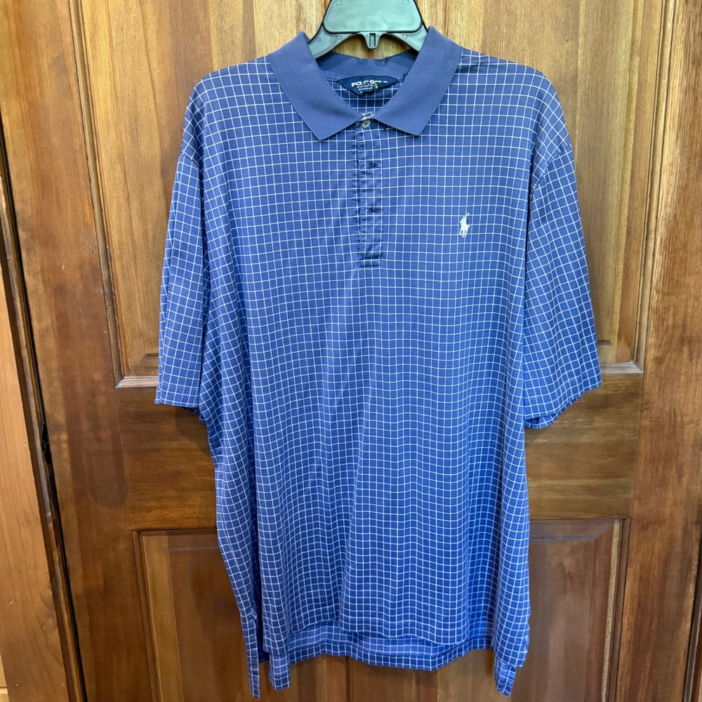 Polo Golf Ralph Lauren Mens XXL Blue White Windowpane Grid Polo Shirt Cotton EUC